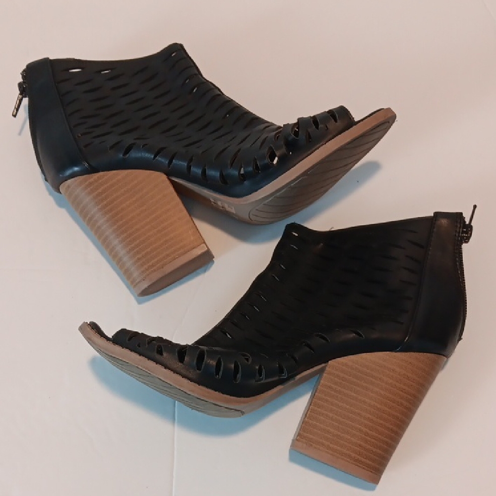 Qupid Black Cutout Heeled Boots with Tan Heel & Peep-toe